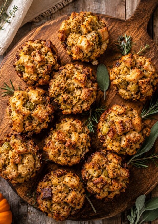 Nine savory stuffing muffins with herbs are arranged on a round wooden board, garnished with fresh sage and rosemary. The background includes a rustic wooden table and a partially visible orange pumpkin.
