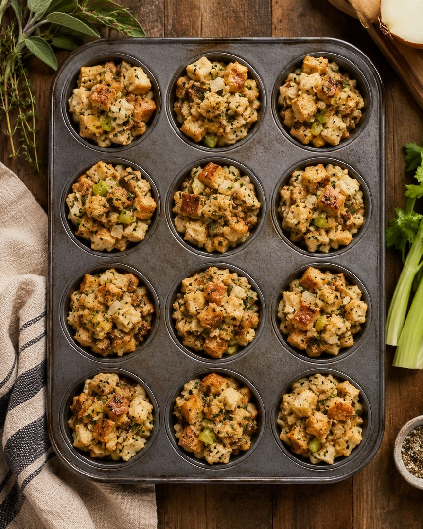 A muffin tin filled with twelve servings of baked stuffing, featuring bread cubes and herbs, sits on a wooden table next to fresh celery, herbs, a striped towel, and a bowl of pepper.