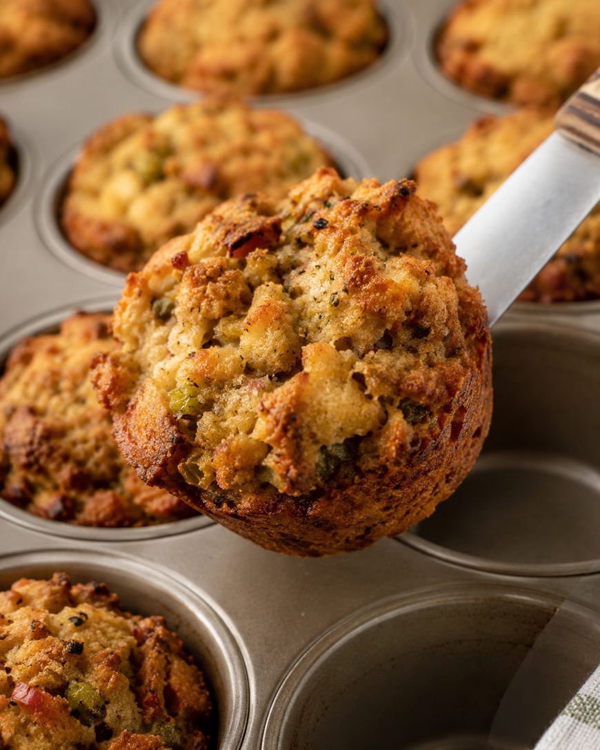 A close-up of a muffin tin filled with golden-brown savory stuffing muffins; one muffin is being lifted out with a metal spatula, showing its crispy, textured top and bits of vegetables.