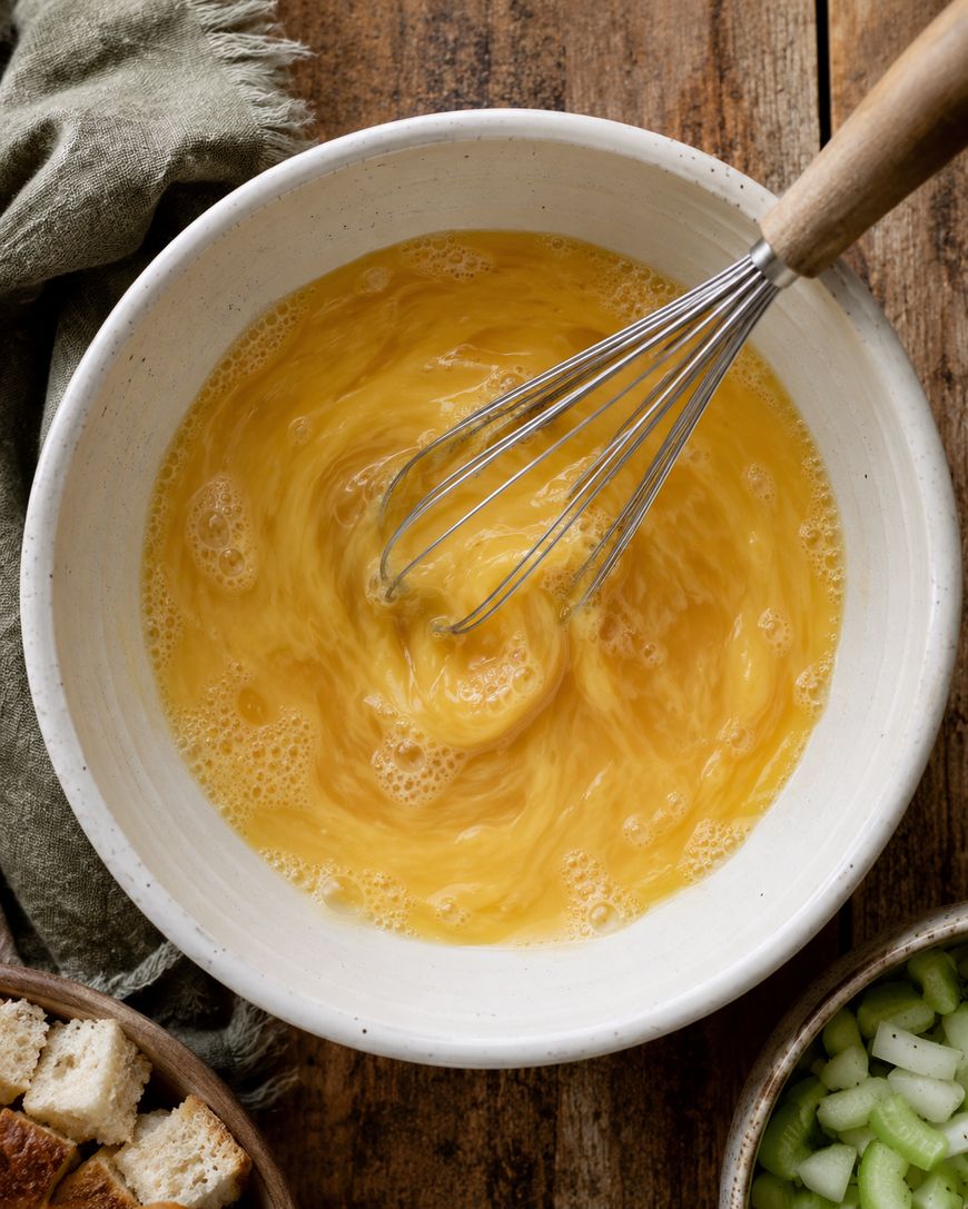 A metal whisk stirs eggs in a white bowl on a wooden surface, with bread cubes and chopped celery in bowls nearby.