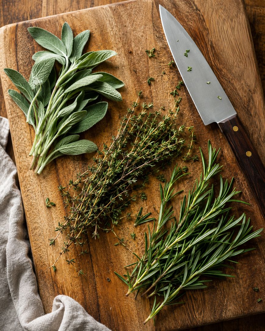 A bunch of fresh sage, thyme, and rosemary on a wooden cutting board next to a knife, with a light cloth partially visible to the side.