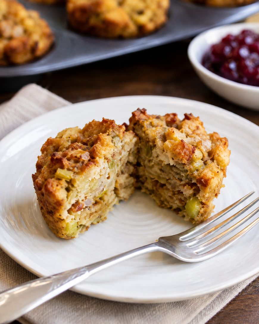 A stuffing muffin cut in half sits on a white plate with a fork. A bowl of cranberry sauce and a muffin tin with more muffins are in the background.
