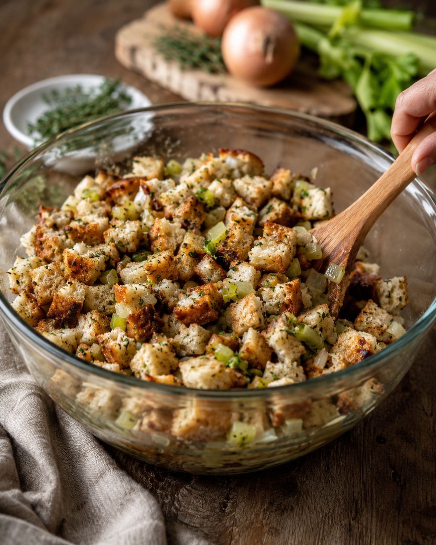 A hand stirs homemade stuffing with bread cubes, celery, and herbs in a glass bowl. Onions, celery stalks, and fresh thyme are on a rustic wooden table in the background.