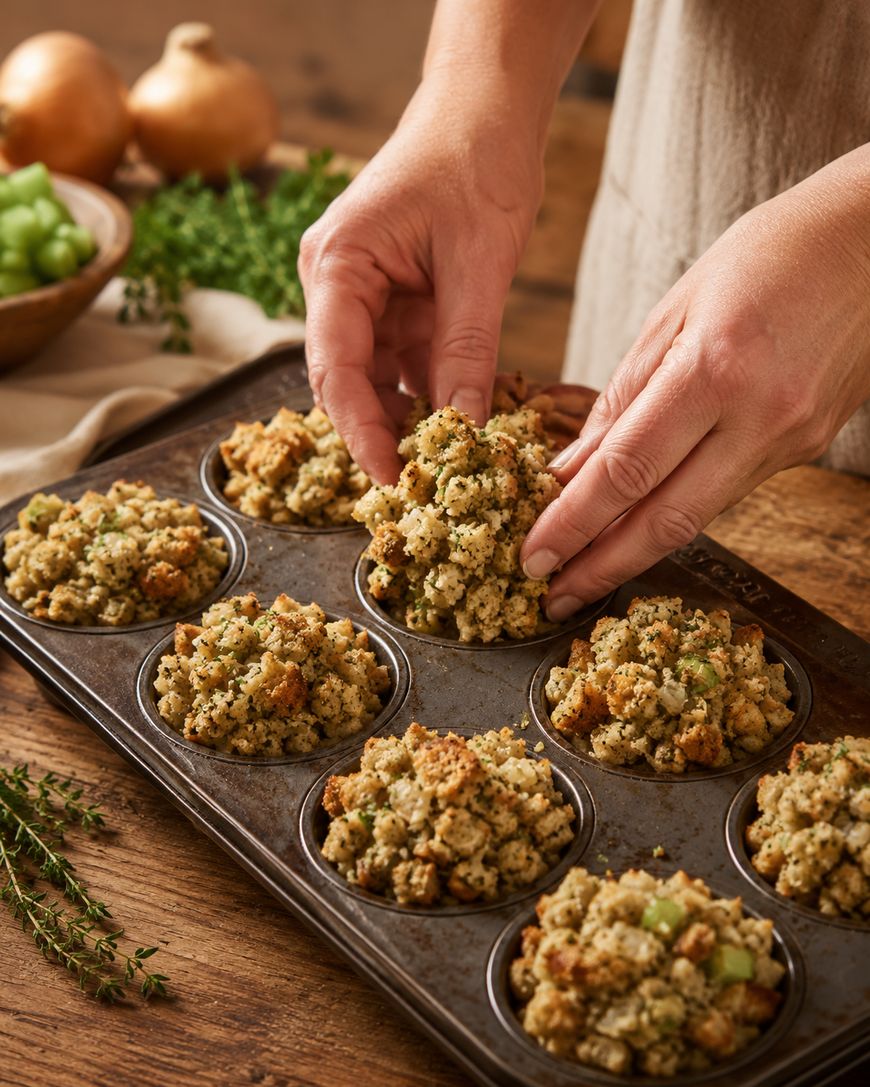 Hands shaping stuffing mixture into a muffin tin, with baked stuffing muffins in each cup. There are onions, celery, and fresh herbs on a wooden table in the background.