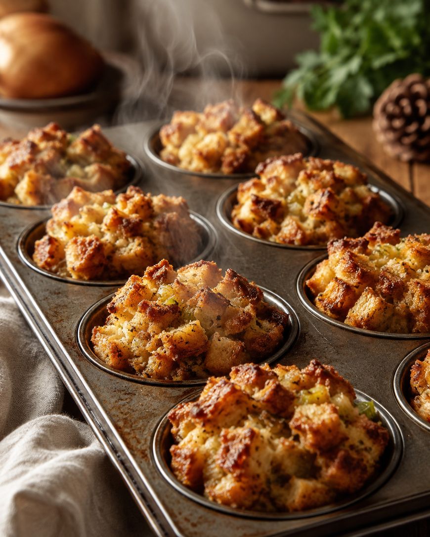 A muffin tin filled with golden-brown stuffing muffins, with steam rising from them. Cubes of bread and herbs are visible. The background shows blurred greens and kitchen items.