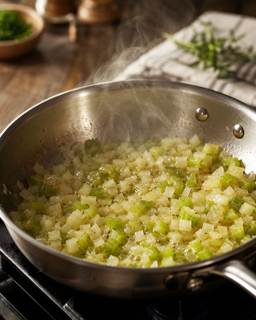 Diced onions and celery are being sautéed in a stainless steel pan on a stove, with steam rising from the vegetables. Fresh herbs and a towel are visible in the blurred background.