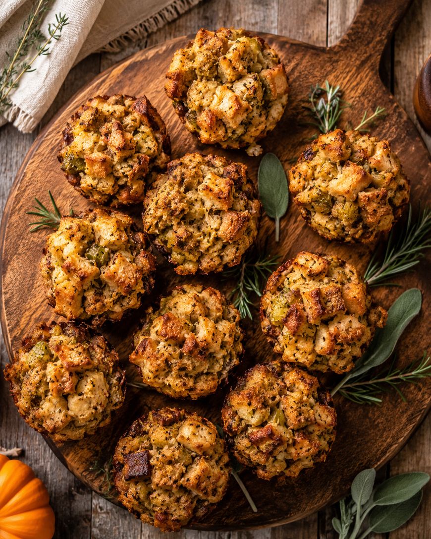 Eight golden-brown stuffing muffins sit on a round wooden board, garnished with fresh sprigs of rosemary and sage. The muffins have a crispy, textured top and are surrounded by rustic fall decor on a wooden table.
