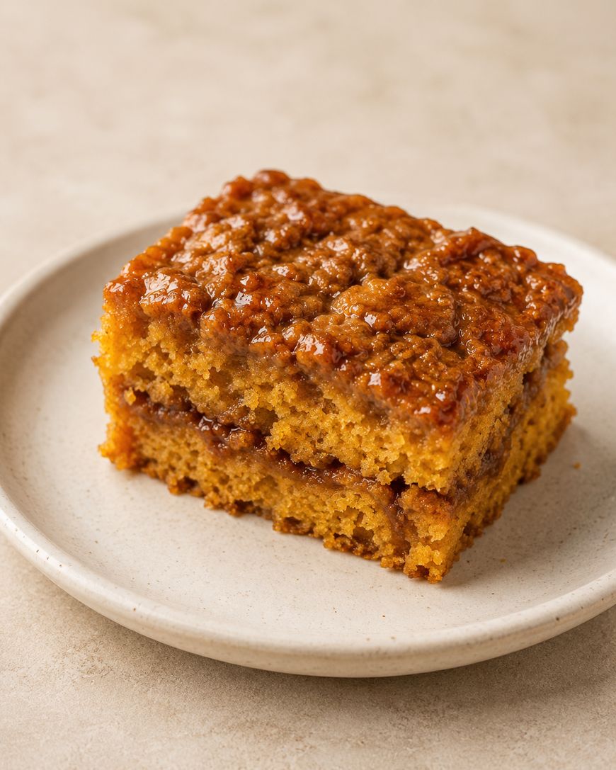 A close-up of a square piece of moist, golden-brown cake with a sticky topping, served on a round white plate against a neutral background.