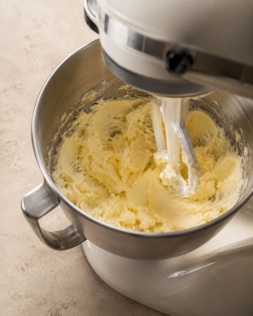 A stand mixer with a metal bowl contains light yellow creamed butter and sugar. The paddle attachment is coated with the mixture. The mixer sits on a beige countertop.