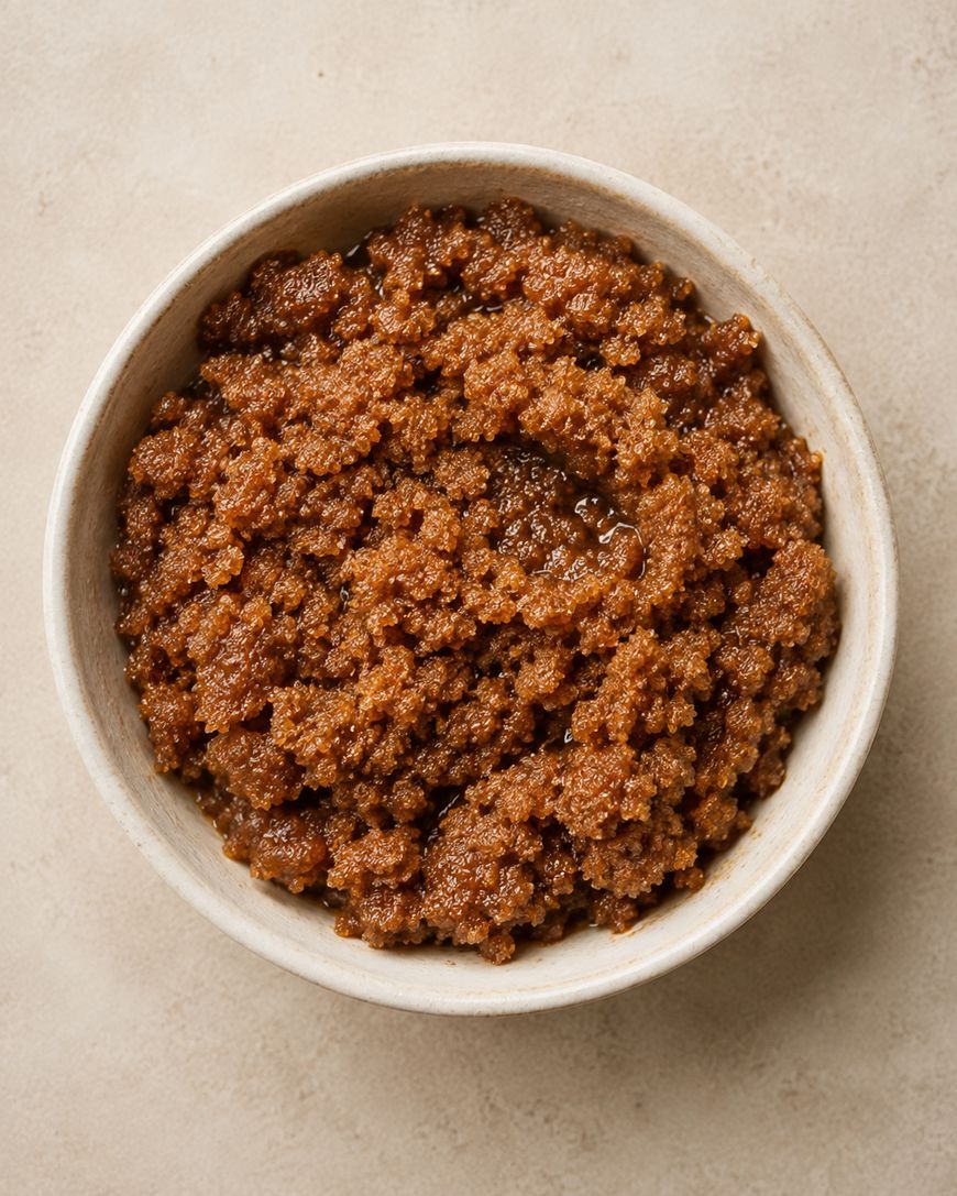 A white bowl filled with dark brown, crumbly, and moist halwa, placed on a light beige surface.