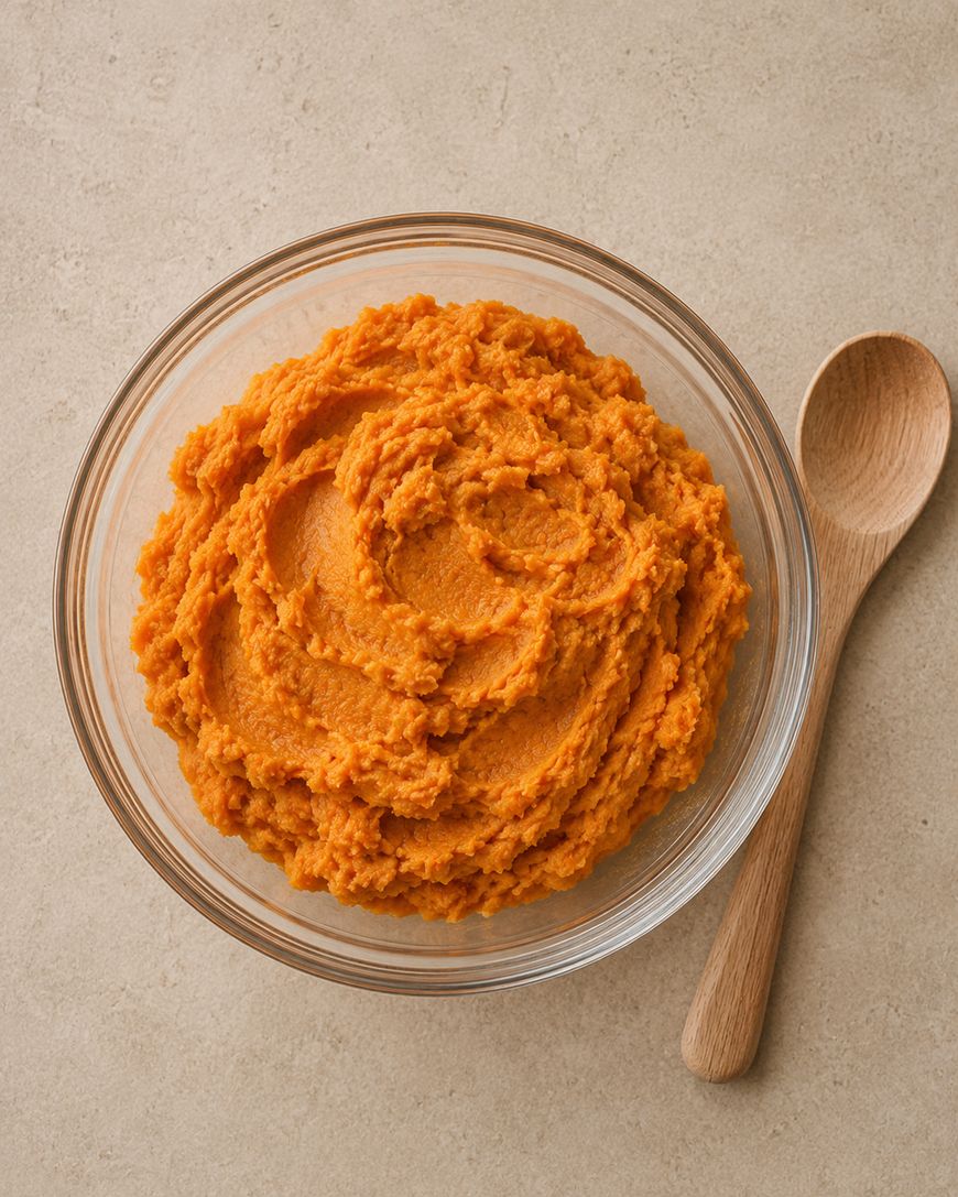 A glass bowl filled with creamy mashed sweet potatoes sits on a light-colored surface next to a wooden spoon.