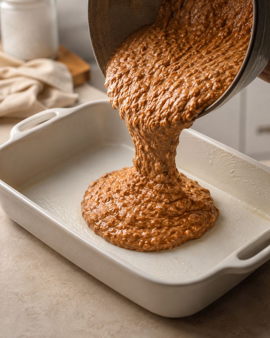 Batter with visible oats or nuts is being poured from a bowl into a greased rectangular baking dish on a kitchen counter.