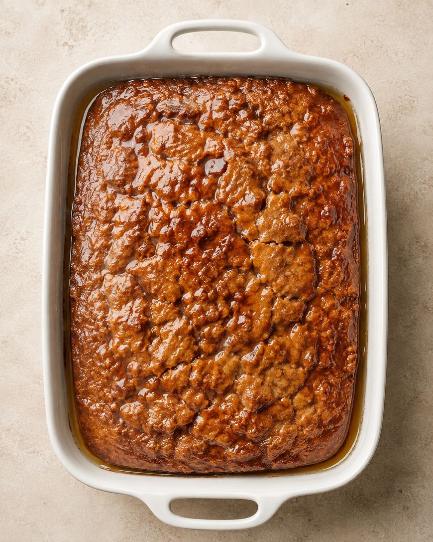 A glazed, golden-brown cake sits in a white rectangular baking dish on a light-colored surface. The cakes surface appears moist, shiny, and slightly textured.