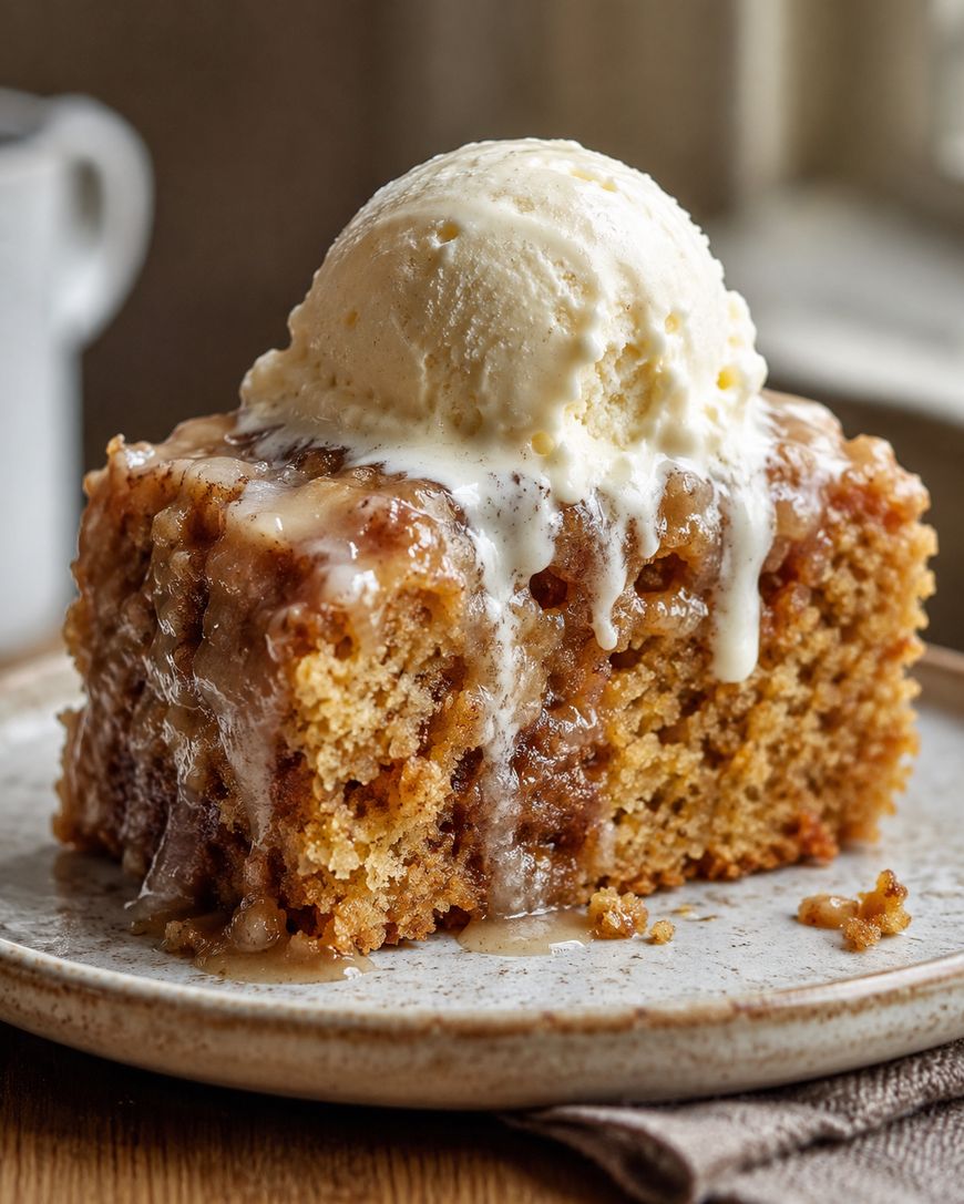 A slice of moist cake topped with a scoop of vanilla ice cream, drizzled with glaze, sits on a ceramic plate with a blurred background.