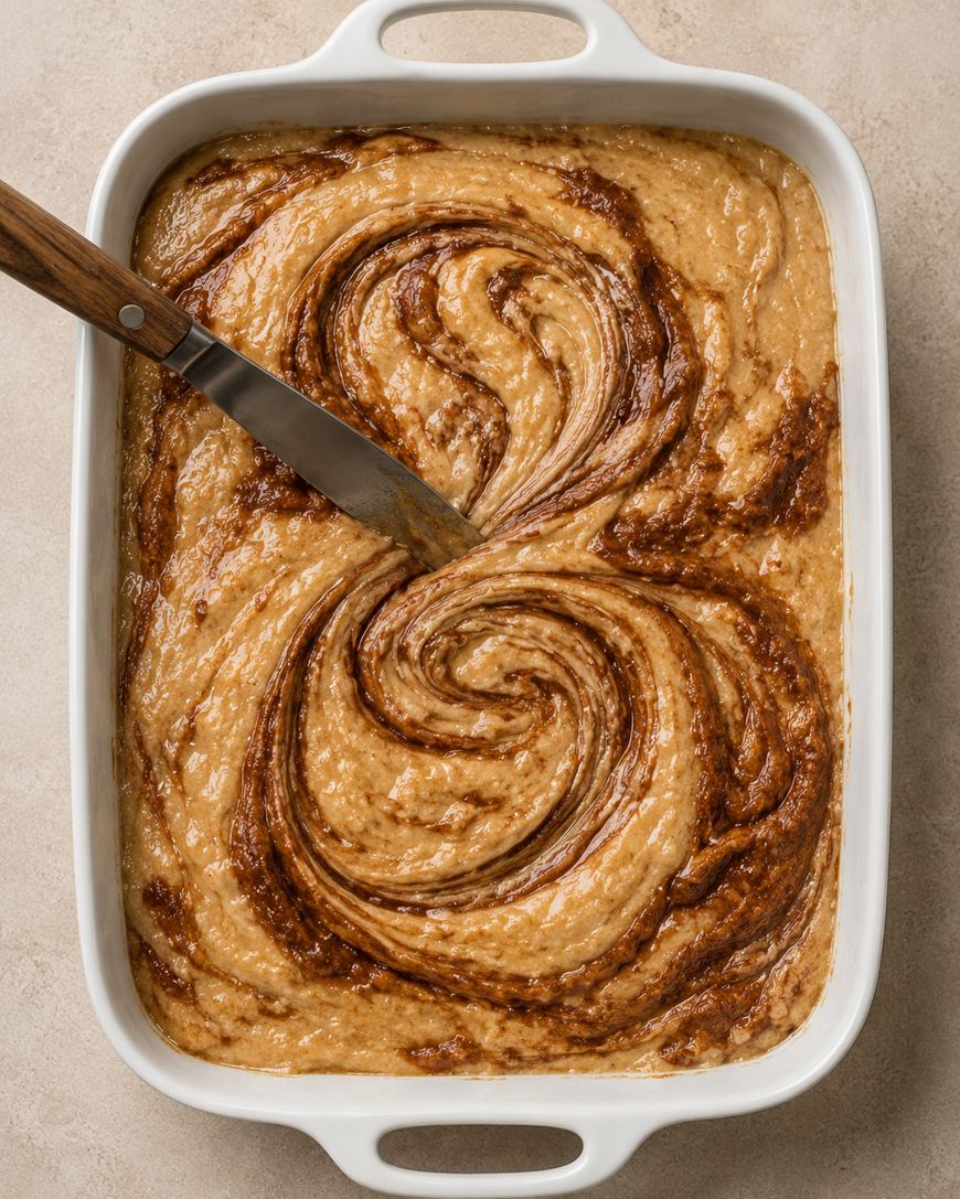 A white baking dish filled with swirled brown and tan batter. A butter knife rests in the dish, creating a decorative swirl pattern on the surface. The dish sits on a light-colored countertop.