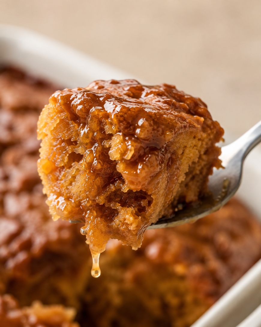 A close-up of a spoon holding a piece of moist, golden-brown cake drizzled with sticky syrup, with more cake visible in the background.