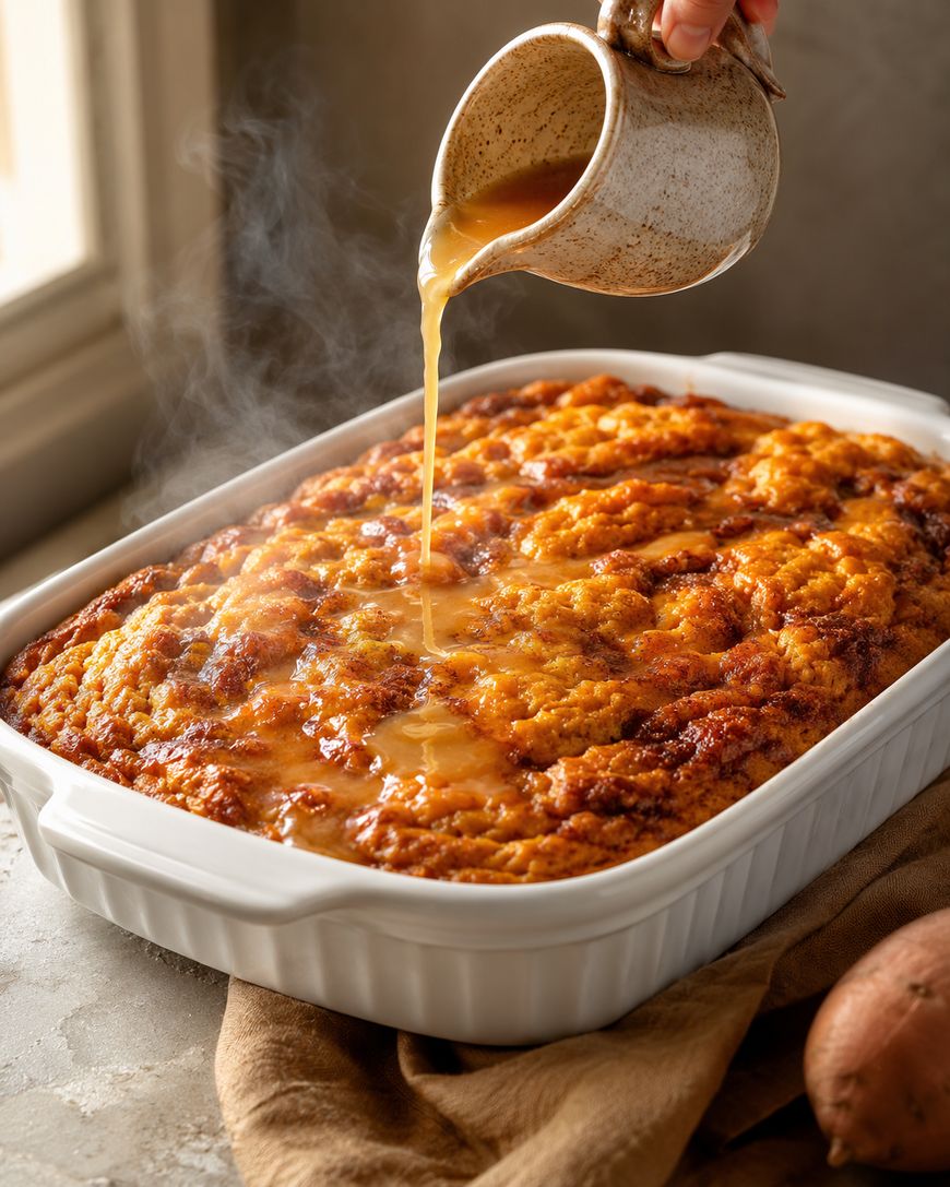 A hand pours warm sauce over a steaming, golden-brown baked casserole in a white dish, sitting on a textured surface near a window.