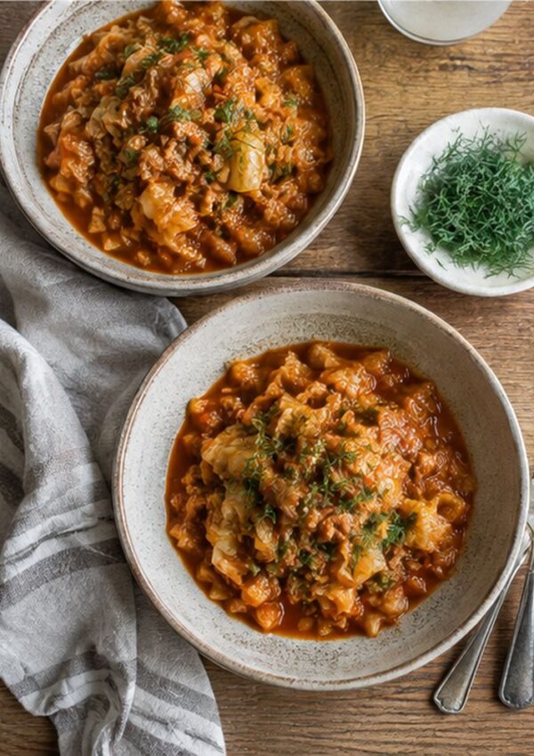 Two rustic bowls filled with a hearty tomato-based stew topped with fresh herbs, placed on a wooden table next to a bowl of chopped dill, a striped cloth, and two forks.