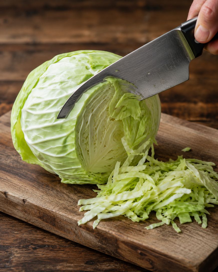 A hand is slicing a green cabbage with a knife on a wooden cutting board. Shredded cabbage pieces are gathered in front of the knife.
