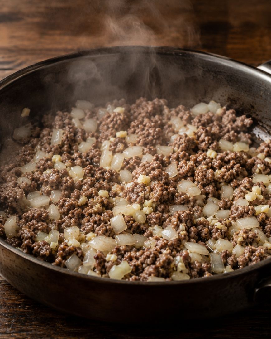Ground beef and chopped onions cooking together in a skillet, with steam rising from the mixture.