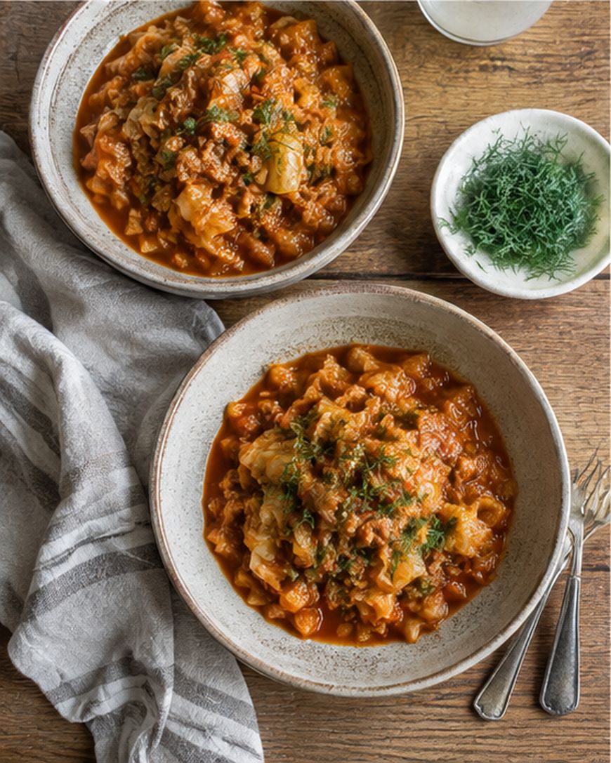 Two rustic bowls filled with a hearty tomato-based stew, garnished with fresh dill. A small bowl of dill and a striped cloth napkin sit beside the bowls on a wooden table.