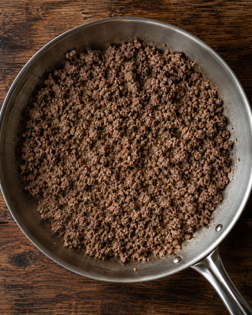A stainless steel skillet filled with cooked, browned ground beef sits on a wooden surface.