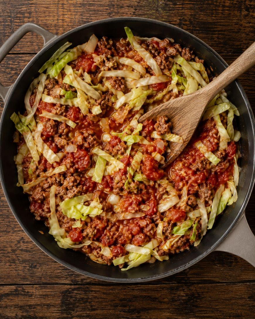 A skillet filled with cooked ground beef, shredded cabbage, diced tomatoes, and onions, being stirred with a wooden spoon on a wooden table.