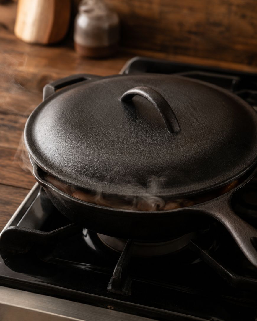 A black cast iron pot with a lid sits on a stove burner, with steam rising from under the lid. The background shows a wooden countertop and spice containers.