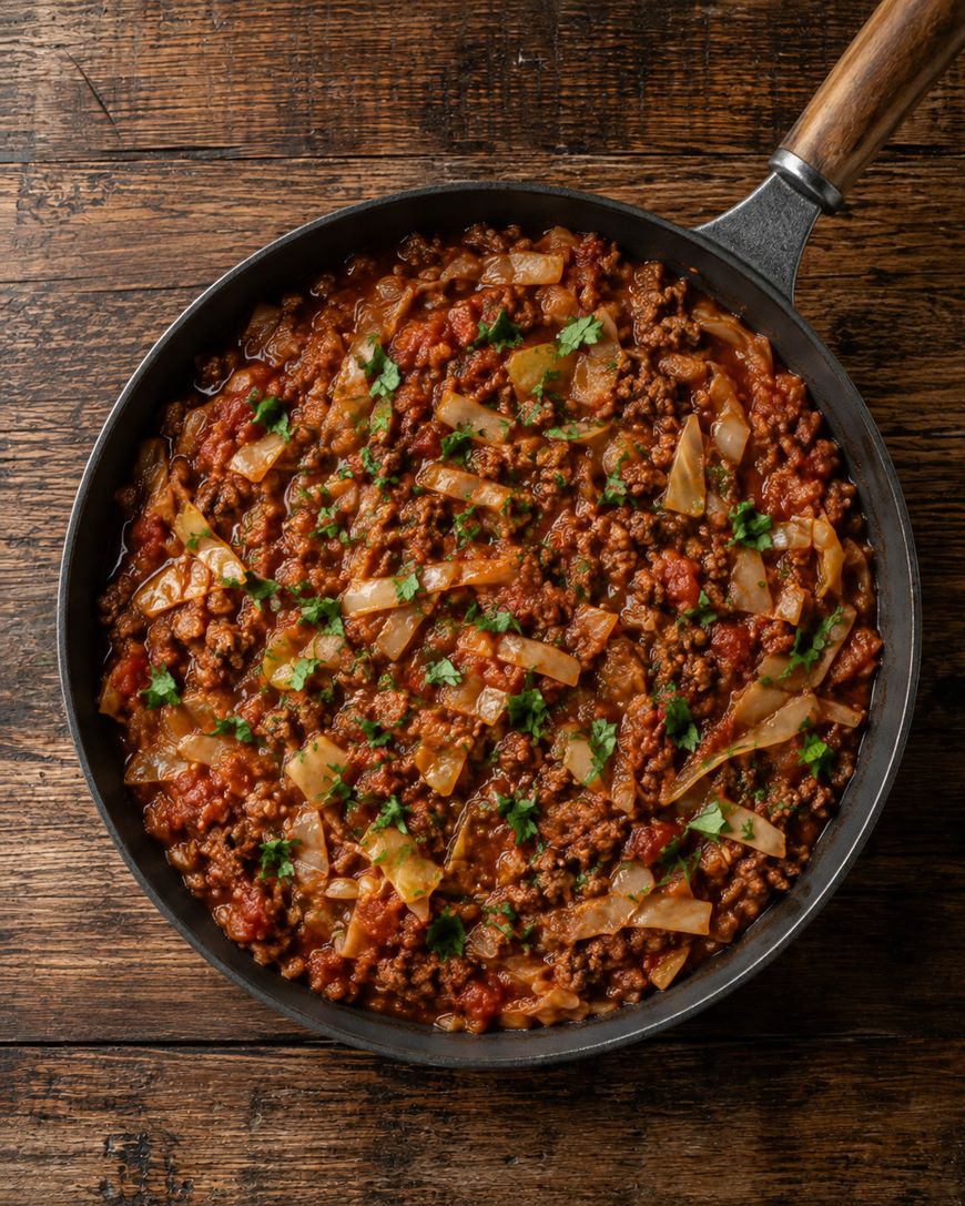 A skillet filled with cooked ground beef, chopped cabbage, tomatoes, and herbs, sitting on a rustic wooden surface.