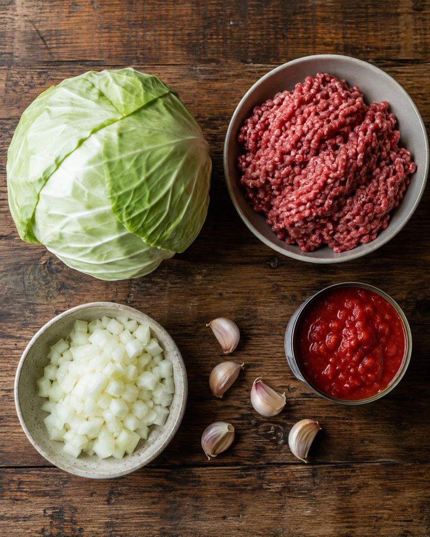 A head of cabbage, a bowl of raw ground beef, chopped onions, garlic cloves, and a bowl of tomato sauce on a wooden table.