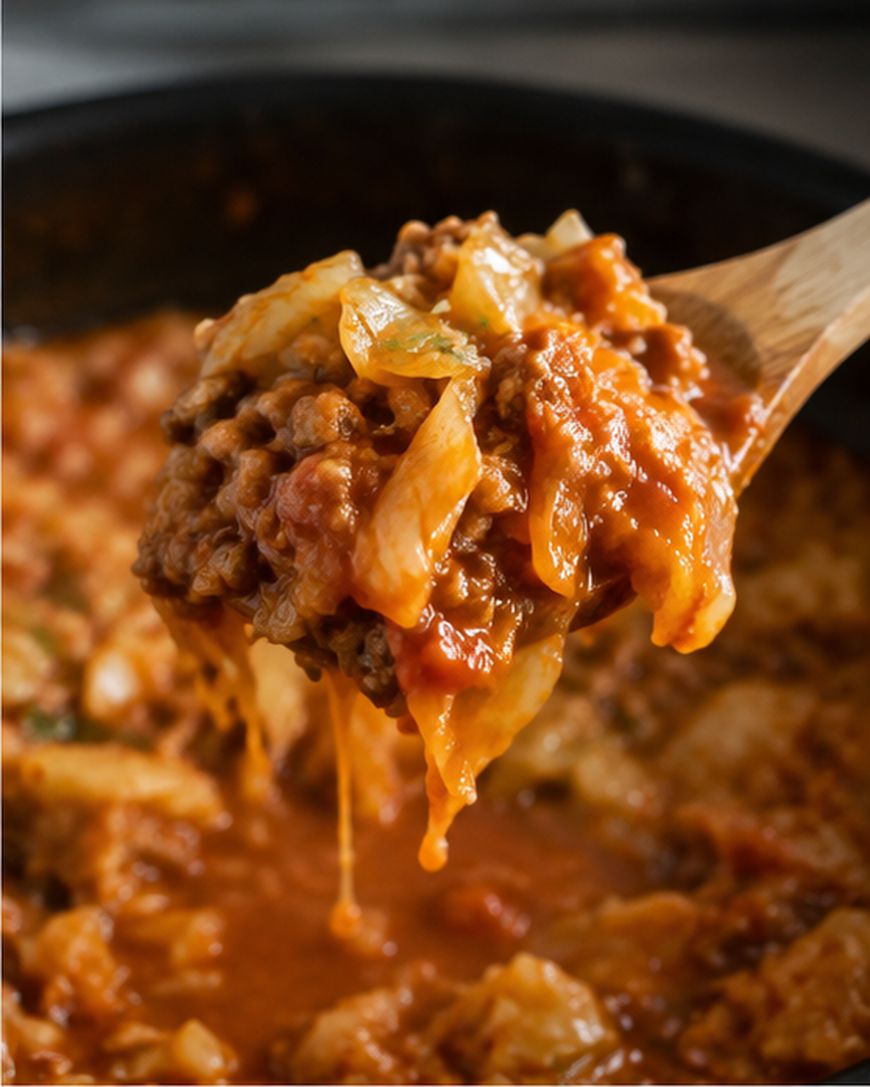 A wooden spoon lifts a hearty scoop of cheesy, tomato-based casserole with ground meat and cabbage over a pot of the same dish.