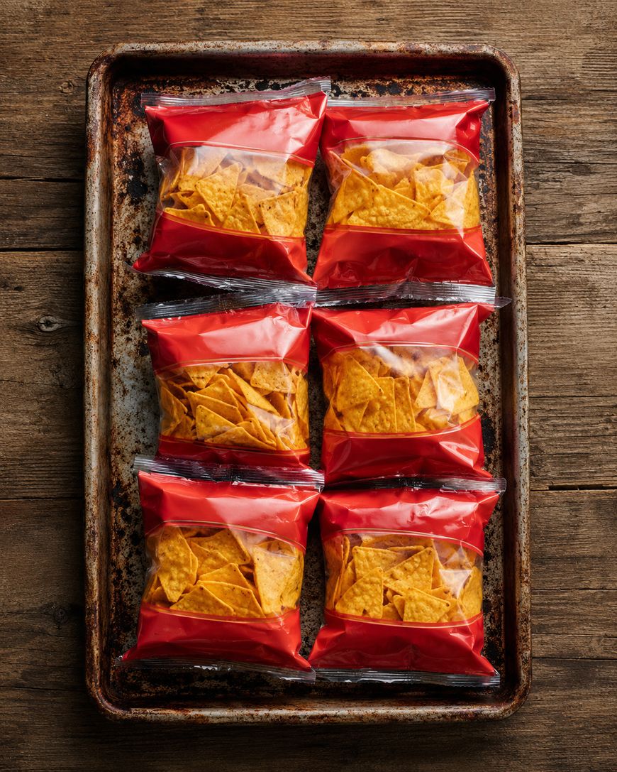 Six small bags of tortilla chips with red tops are arranged in two rows of three on a rustic, worn baking sheet placed on a wooden surface.