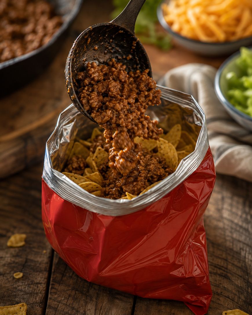 A ladle pours seasoned ground beef into an open red chip bag filled with corn chips; shredded cheese and chopped lettuce are visible in the background.