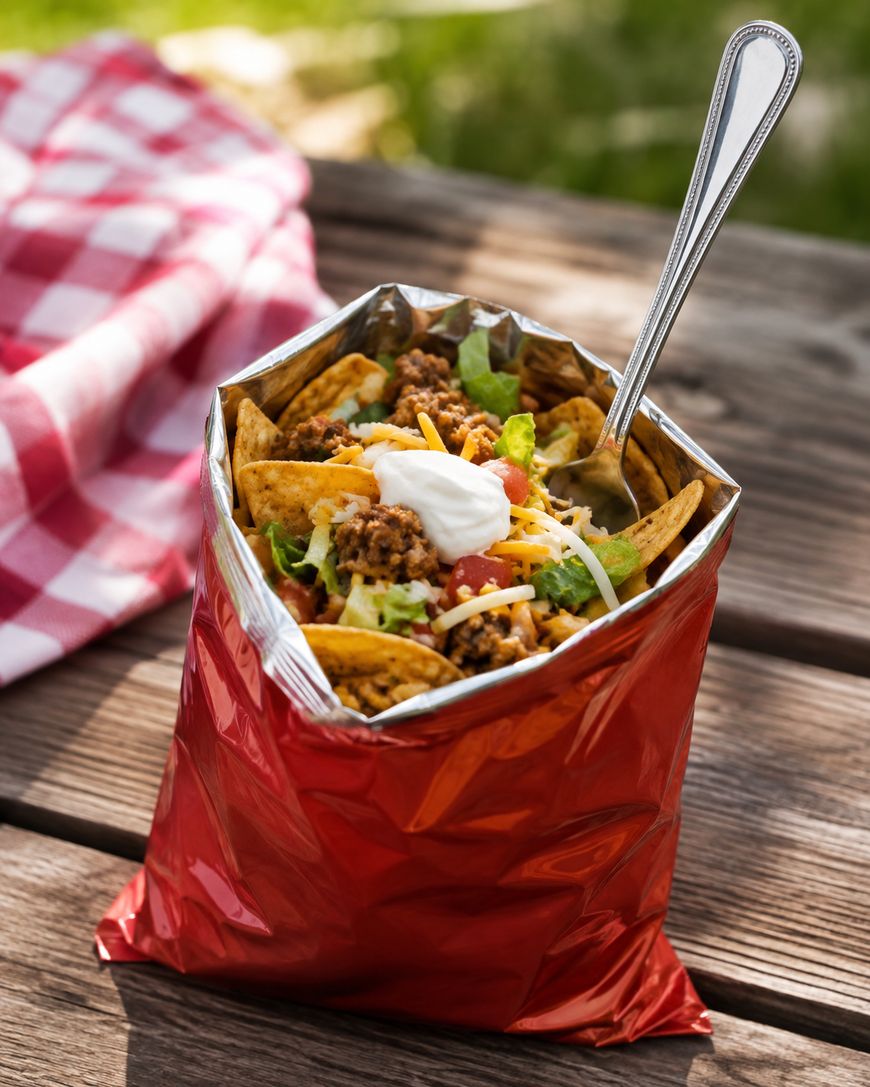 A red chip bag filled with taco ingredients—ground beef, lettuce, cheese, sour cream, and chips—sits on a wooden picnic table with a fork inside. A red and white checkered cloth is in the background.