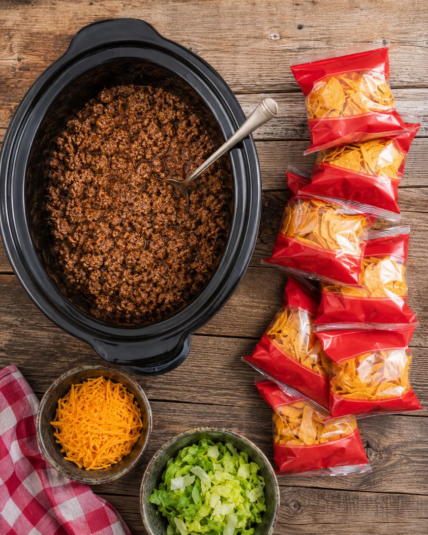 A crockpot of seasoned ground beef with a spoon, small bags of tortilla chips, bowls of shredded cheese and lettuce, all on a wooden table with a red-checked cloth in the corner.