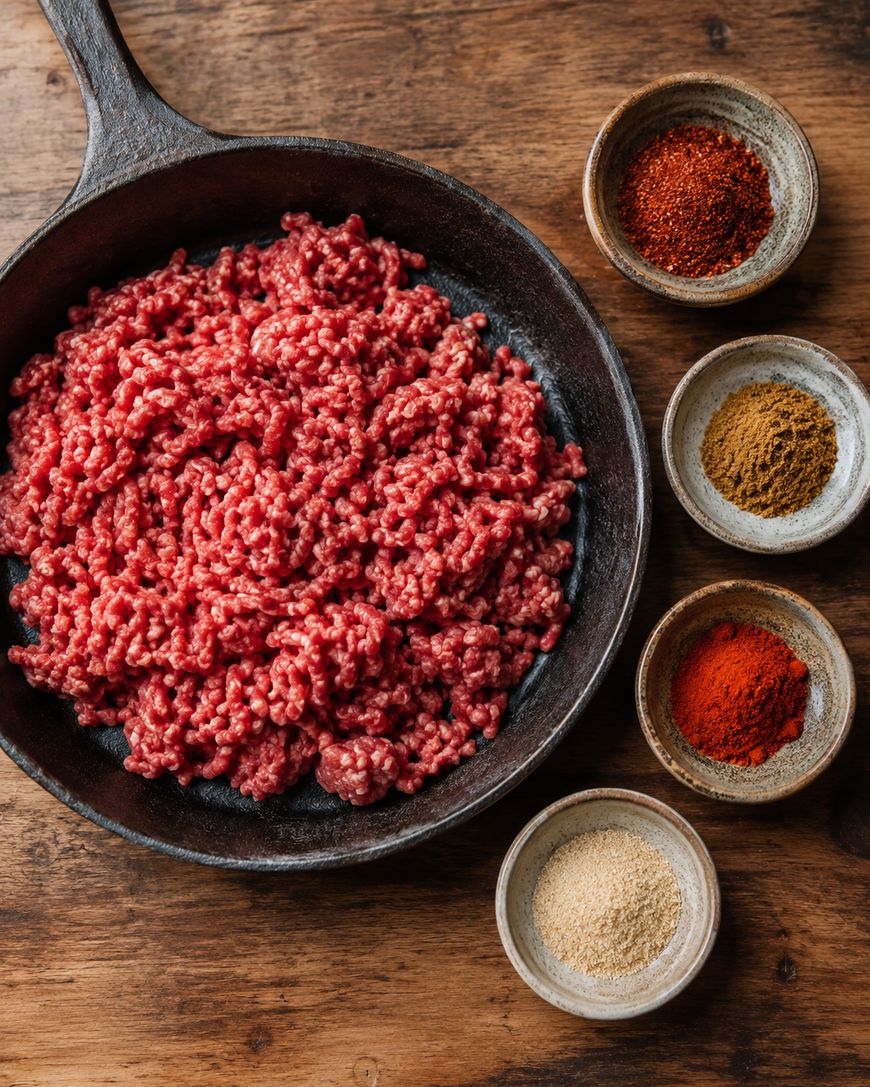 A cast iron skillet with raw ground beef sits on a wooden surface, surrounded by four small bowls filled with different spices: red chili powder, cumin, paprika, and garlic powder.