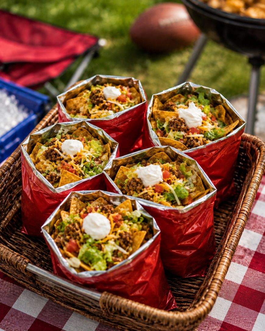 Five bags of chips filled with taco ingredients, topped with sour cream, sit in a basket on a checkered tablecloth outdoors; a football and grill are visible in the background.
