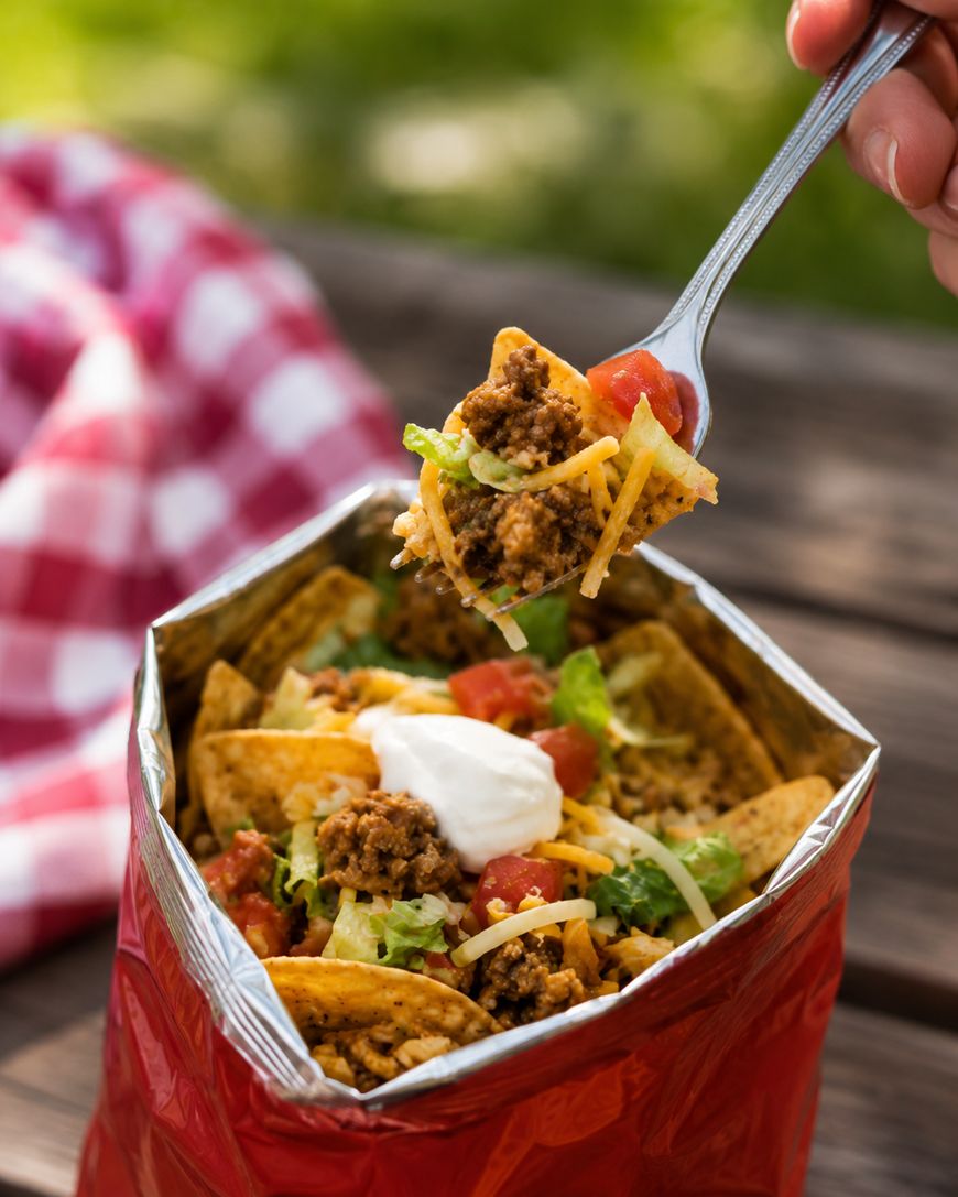 A hand holds a fork with taco ingredients above an open bag of chips filled with ground beef, cheese, lettuce, tomatoes, and sour cream, outdoors on a picnic table.