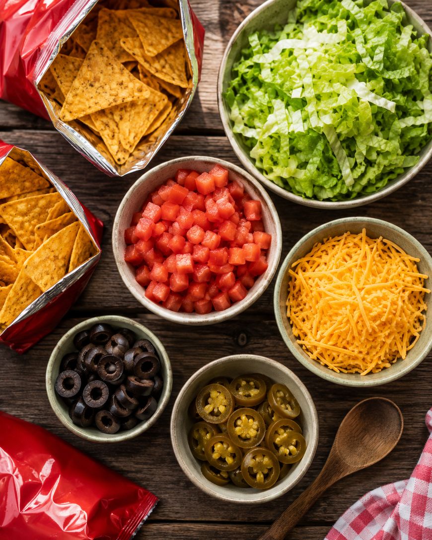 Bowls of shredded lettuce, diced tomatoes, shredded cheddar cheese, sliced black olives, pickled jalapeños, and bags of tortilla chips on a wooden table with a wooden spoon and a red-checkered napkin.