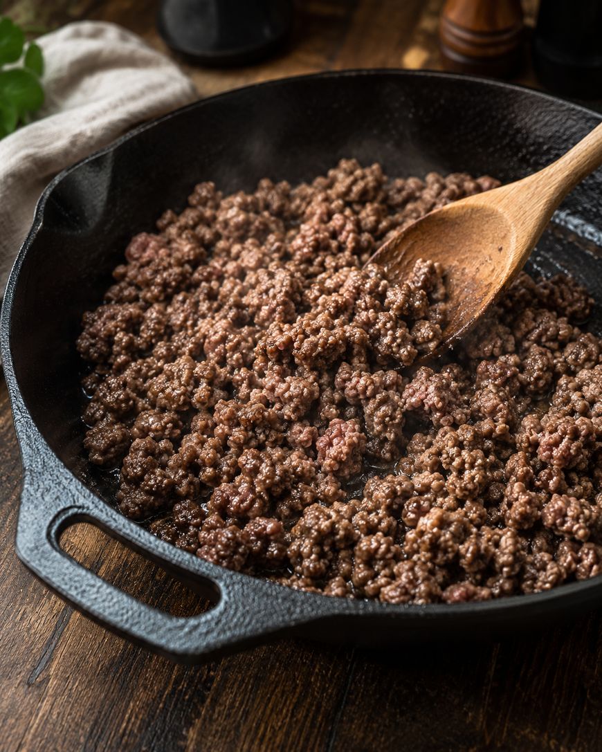Cooked ground beef being stirred with a wooden spoon in a black cast iron skillet on a wooden table. Steam rises from the hot meat, and a white cloth and spices are in the background.