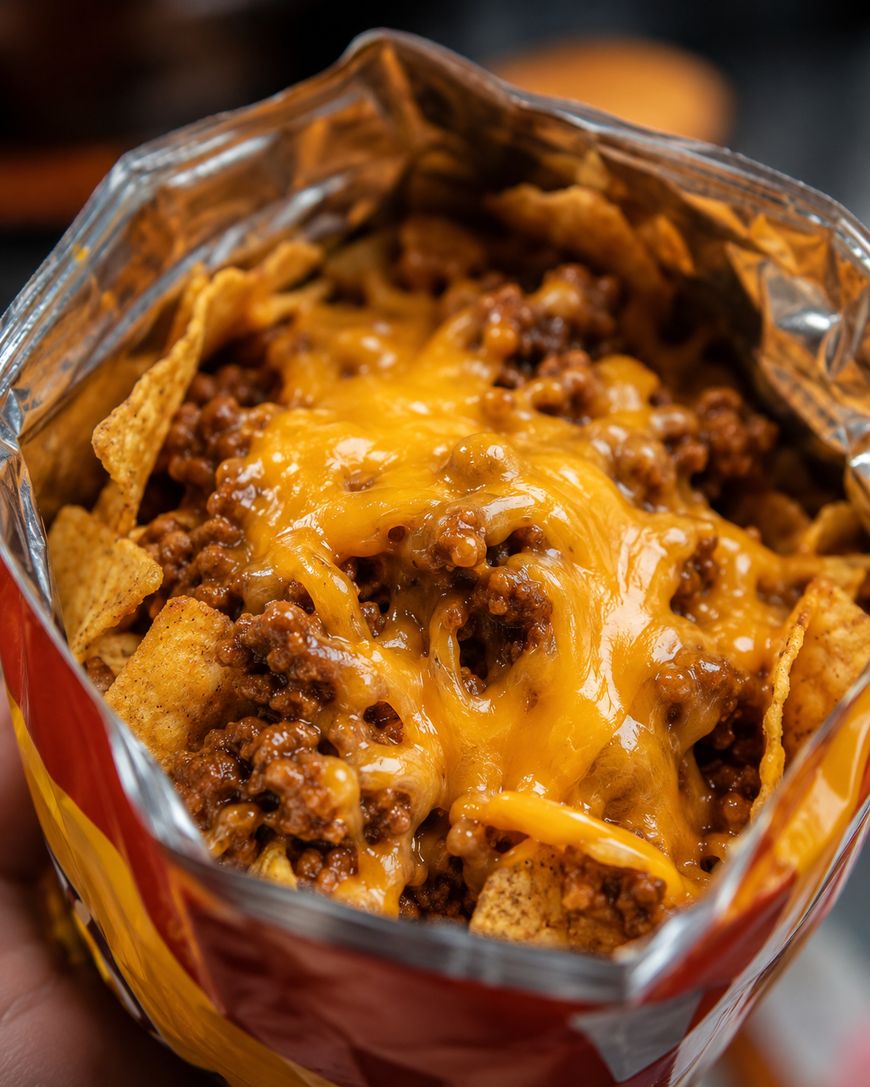 Open chip bag filled with tortilla chips, topped with seasoned ground beef and melted cheddar cheese, creating a quick, cheesy taco snack.