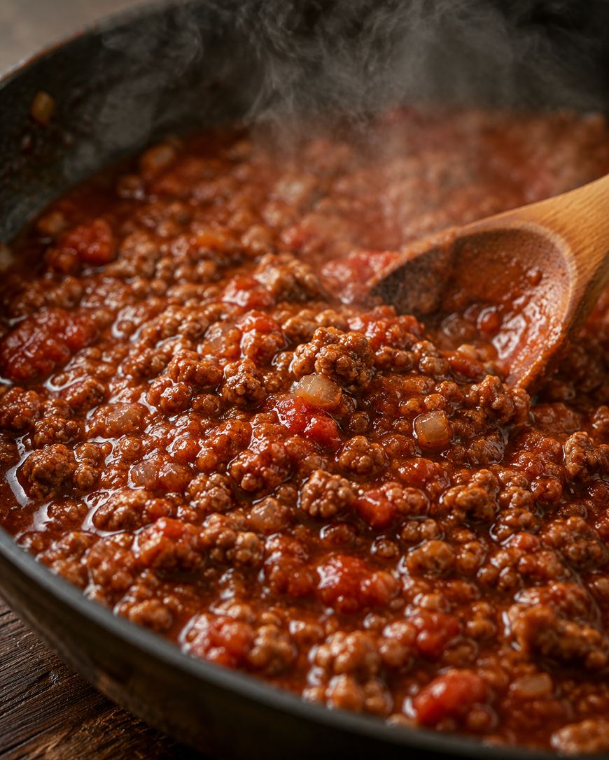 Steaming skillet of thick meat sauce with ground beef, diced tomatoes, and onions, stirred with a wooden spoon.