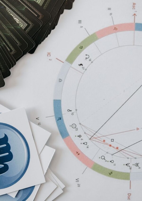 A close-up of a colorful astrological birth chart on paper, tarot cards spread out, and cards with the Virgo zodiac symbol, arranged on a white surface.