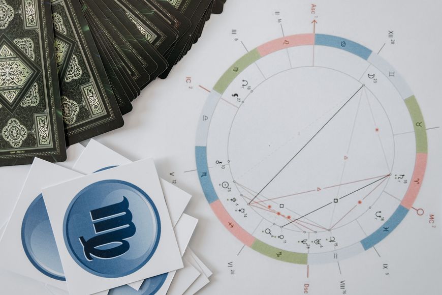 Astrology chart, stack of zodiac sign cards, and tarot cards are arranged on a white surface. The Scorpio sign is visible on top of the cards.