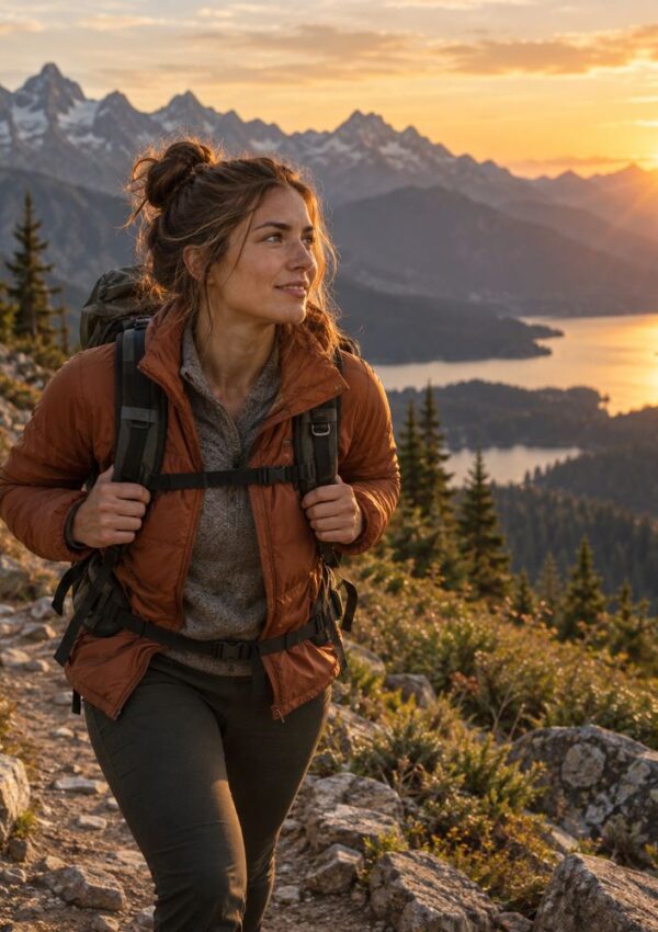 A woman hikes on a mountain trail at sunset, wearing an orange jacket and backpack, with a scenic view of lakes, trees, and distant peaks in the background.