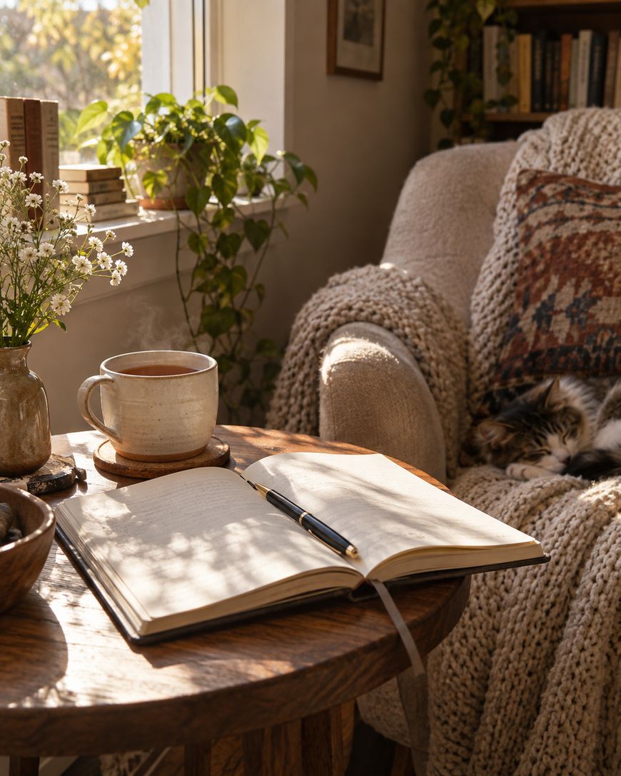 A cozy reading nook with an open notebook, pen, and mug on a wooden table. A cat sleeps on a knit blanket in an armchair, surrounded by plants and warm sunlight from a nearby window.