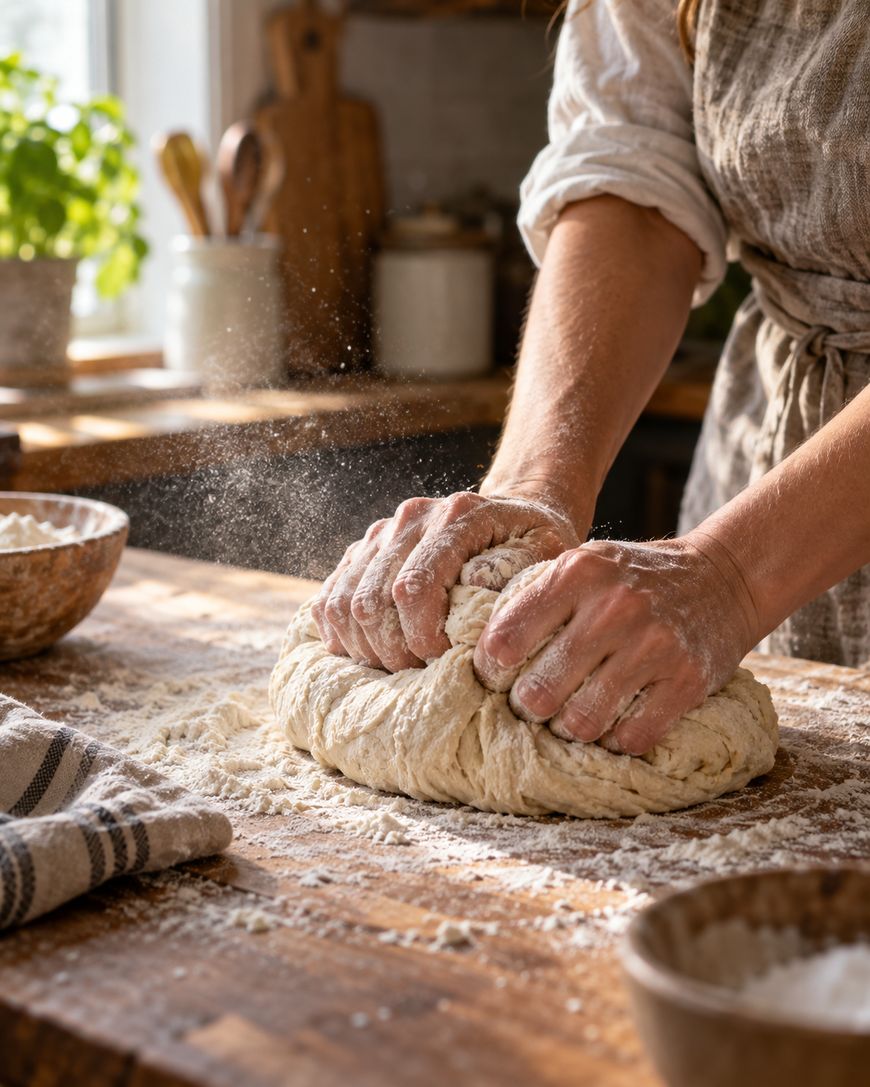 A person kneads dough on a floured wooden surface in a sunlit kitchen, with bowls and a towel nearby. Flour is scattered around, and green plants are visible in the background.