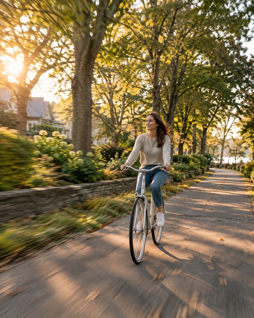 A woman rides a bicycle down a tree-lined residential street on a sunny day, with sunlight streaming through the leaves and greenery along the sidewalk.