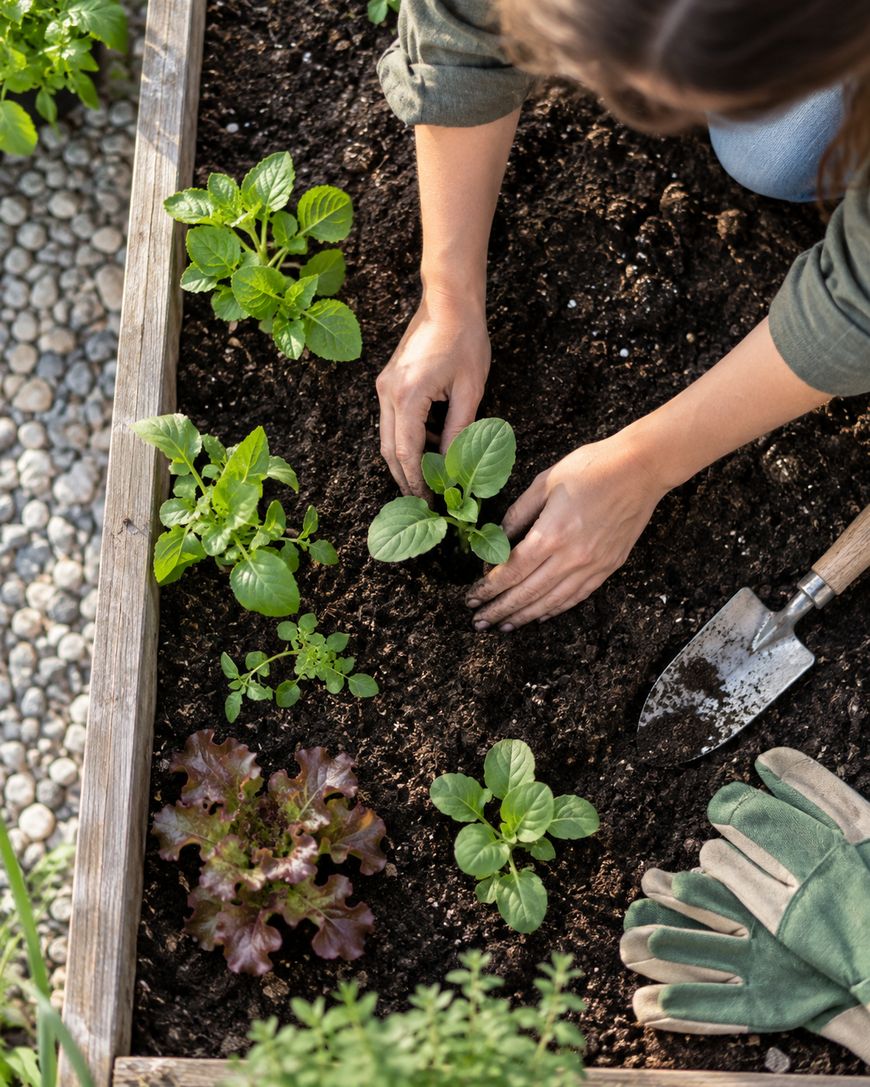 A person planting seedlings in a raised garden bed with soil, surrounded by plants, a garden trowel, and gardening gloves. The scene is outdoors on a stone surface.