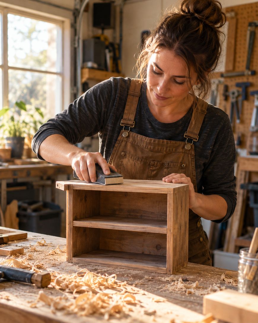 A person in overalls sands a small wooden shelf in a sunlit workshop, surrounded by wood shavings and tools.